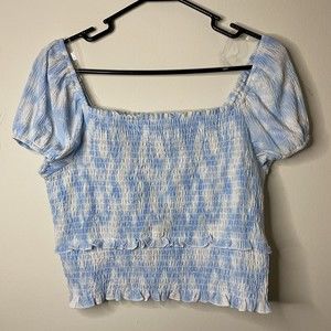 LUSH Crop Top Shirt Women's XL Blue Swirl Smocked Short Sleeve Square Neck NWT